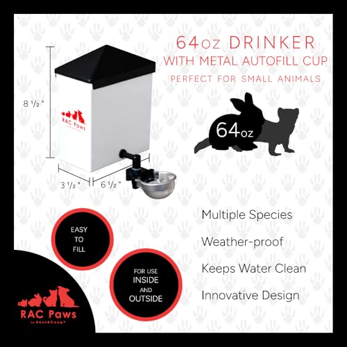 RAC Paws by RentACoop 64oz(2L) Small Animal Drinker with Auto-Fill Metal Cup - Suitable for Small Pets, Bunnies, Hamsters, Guinea Pigs, Rabbits, Chinchillas, Mice and Rats (Pack of 2) - size: 64 Oz (Pack of 2)