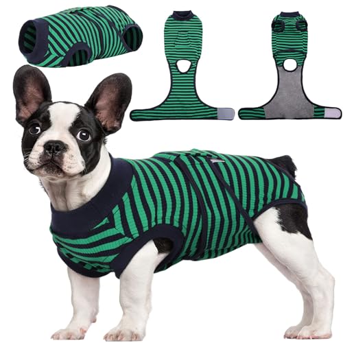 Kuoser Recovery Suit for Dogs Cats, Soft Dog Surgery Suit Female Male Spay | Professional Dog Onesie for Surgery, Substitute E-Collar & Cone, Prevent Licking Dog surgical suit Pet Neuter Suit - color: Green Stripe, size: X-small (Back:8.3-11.4'', Weight:4