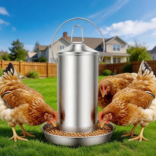 8.8 LB Stainless Steel Chicken Feeder, Gravity-Fed Poultry Feeder for Chickens & Ducks, Rust-Resistant Weatherproof Metal Feed Box with Handle, Large Capacity, Dry Feed Only