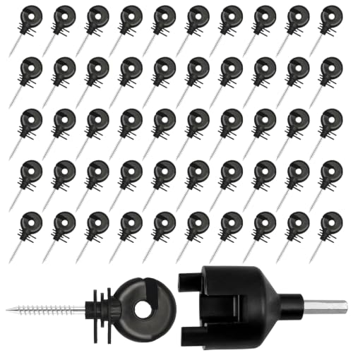 50Pack Black Electric Fence Ring-Head Insulators Self-Tapping Screws | Premium PP+PE anti-deform material, rustproof galvanized screws, easy drill install,universal for farm livestock fence