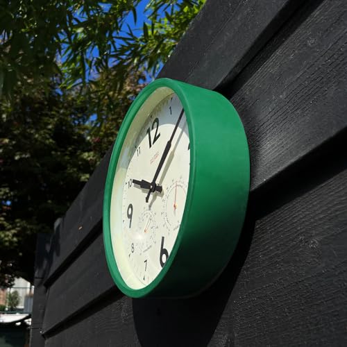 Cloudnola Indoor Outdoor Waterproof Metal Wall Clock with Thermometer and Hygrometer, Green, 12 inch Silent Non-Ticking Battery Operated Quality Quartz Round Clock for Patio and Home Decor