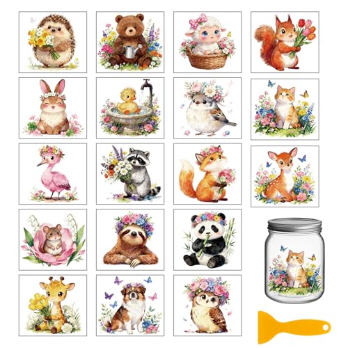GLOBLELAND 18 Sheets Animals with Flower Crown Transfer Stickers 3.9x3.6inch Floral Wreath Animals UV DTF Cup Wraps Bear Rabbit Rub on Transfer for Crafts Cup Decal Vase Glass Art Decorations - style: Flower Animals