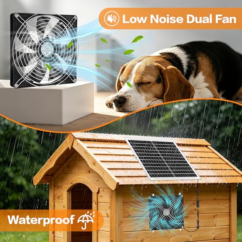 7.1" Large Airflow Solar Powered Greenhouse Fan, 25W Vent Exhaust Intake Solar Fan for Chicken Coop, Waterproof Outdoor Solar Fans, 16.5 ft Long Cord for Dog House, Shed, Cabin
