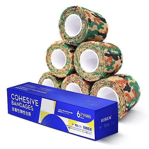 RISEN Cohesive Bandage 2” x 5 Yards, 6 Rolls, Self Adherent Wrap Medical Tape, Adhesive Flexible Breathable First Aid Gauze Ideal for Stretch Athletic - color: Desert Camo