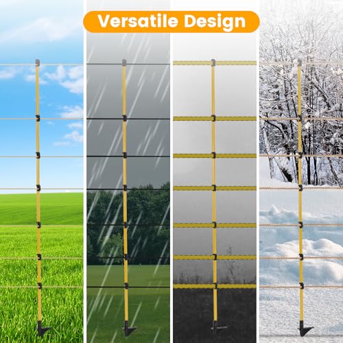50 PCS Electric Fence Posts, 3/8" x 57" Step in Fence Post | 7 Wire Clips, Metal Ground Spikes, Easy Step-in Fiberglass Fence Posts for Temporary Electric Fencing, Farm Livestock, Garden - size: 57Inch-50PCS