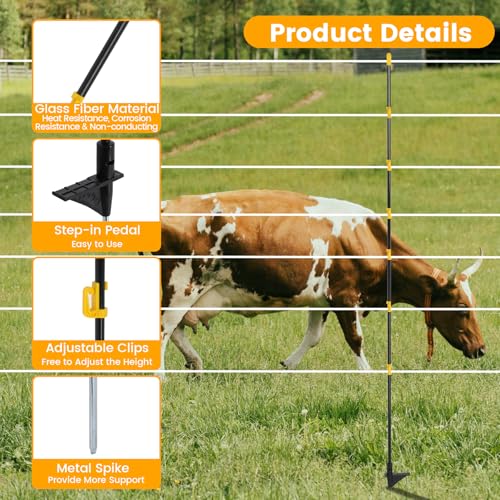 50 PCS Electric Fence Posts, 3/8" x 57" Step in Fence Post, Black | 7 Wire Clips, Metal Ground Spikes, Easy Step-in Fiberglass Fence Posts for Temporary Electric Fencing, Farm Livestock, Garden - size: 57Inch-50PCS