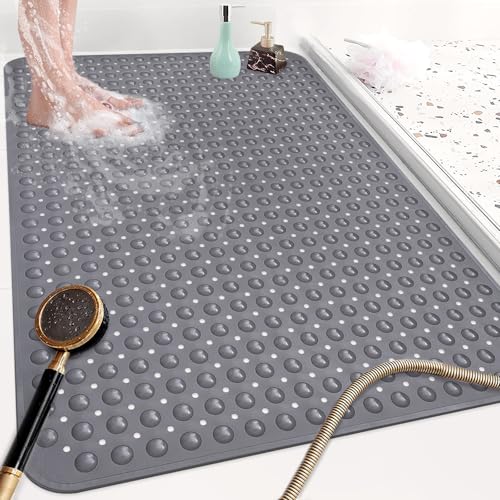 Shower Mat Non Slip: 47.2 x 31.5 Inch Extra Large TPE Shower Mats for Inside Shower - Anti Slip Shower Stall Matt with Drain Hole and Suction Cups for Elderly - color: Grey, size: 47.2" x 31.5" (Rectangular)