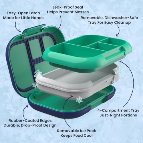 Bentgo Chill Kids 4-Compartment Bento Box Leakproof Lunch Box | Built-In Ice Pack, 3.3 Cup Capacity, BPA-Free, Microwave & Dishwasher Safe Tray, Ideal for Ages 3–7 (Green/Navy) - color: Green/Navy
