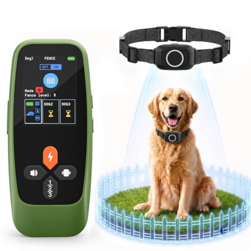 4-in-1 Wireless Dog Fence with Training, Bark Control, Real-Time Pet Status | 3 Training Modes: Beep/Vibration/Static, IPX7 Waterproof, Remote Boundary Collar, Invisible Fence for Small/Medium/Large Dogs