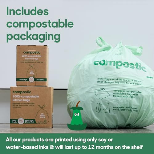 Compostic Compostable 3 Gallon Bathroom Trash Bags, 50 Ct | Fits 3 Gallon Bins, Extra Strong & Leak-Proof, Home Compostable, Unscented, BPA & GMO Free - size: 50 Count (Pack of 1), style: Small 3 Gallon