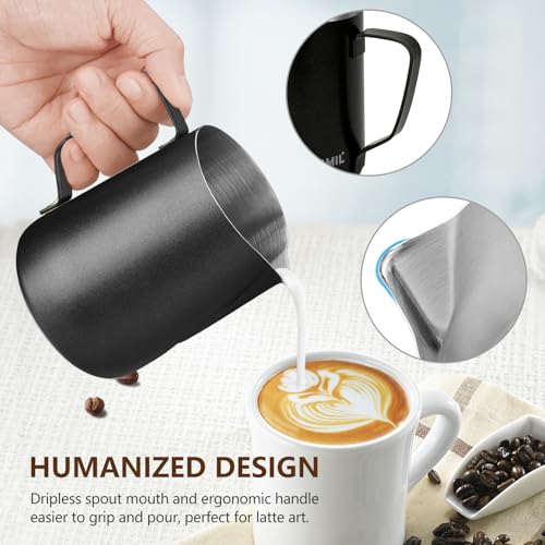 HOOMIL Milk Frothing Pitcher, 12oz/20oz/32oz 304 Stainless Steel | Steaming Pitcher with Clear Scale, Barista Milk Frother Cup Jug for Espresso Machine Coffee Cappuccino Latte Art - 32oz - color: Matte Black, size: 32 Ounces