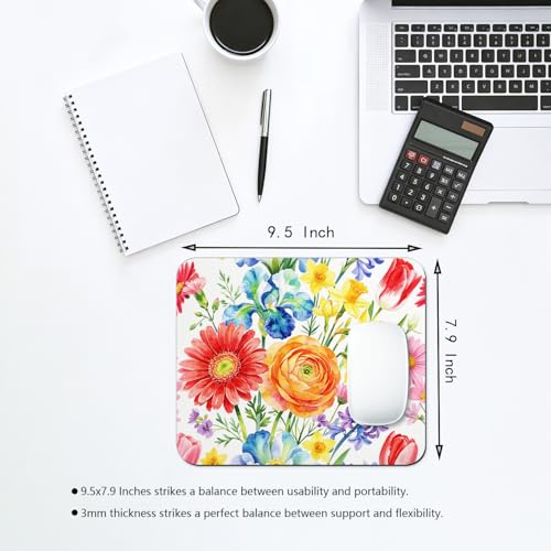 Vibrant Watercolor Flower Garden Mouse Pad 9.5" x 7.9", Colorful Floral Cute Desk Mat, Spring Botanical Art - color: Flower Garden