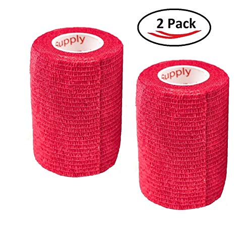 Vet Wrap Tape (Red) (2 Pack) (3 Inch x 15 feet) Self Adhesive Adherent Adhering Cohesive Flex Self Stick Bandage Grip Roll Dog Cat Pet Horse - color: Red, size: 2 Rolls