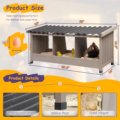 ketive Chicken Nesting Box, Wall-Mounted Wooden Chicken Coop Accessories with PVC Roofing, 3 Compartments for Hens & Ducks Outdoor or Indoor Use