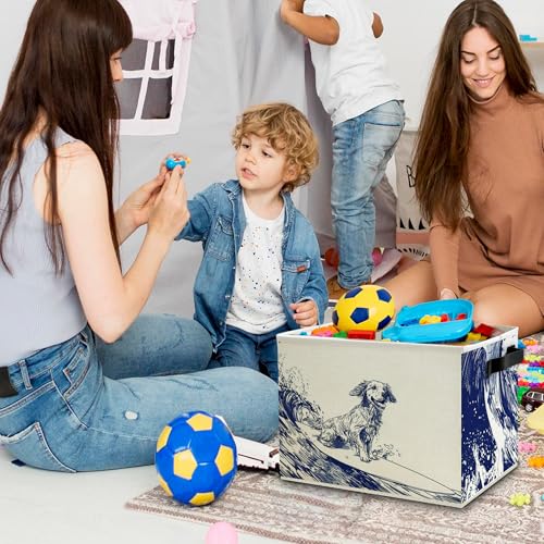 Navy Blue Coastal Dog Storage Bins Box with Handles, Dog Lovers Gifts for Women Men, Nautical Surfing Dogs Collapsible Basket Organizer for Bedroom Bathroom Books Clothes - color: Color07