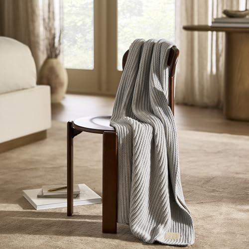 BOLL & BRANCH Sunday Throw Blanket, 70" x 45", Shore/Heathered Oatmeal | 100% Organic Luxury Cotton, Plush Ribbed Knit, Sweater-Like Softness