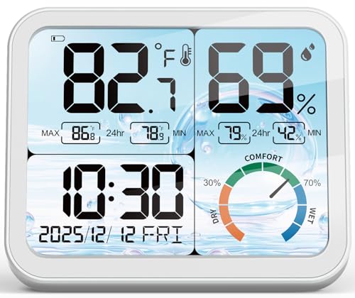 5.8'' Digital Indoor Thermometer Hygrometer, Temp Humidity Monitor & Clock | USB-C & Battery Powered, Large Backlit Display, Calibratable Readings, Max & Min Records, Comfort Level, Date & Time Display - color: White