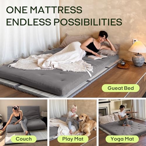 ZonLi Japanese Floor Futon Mattress 100% Cotton Washable Cover Foldable | 80" x 60" Queen Size 4" Thick Tatami Mat Sleeping Pad, Roll Up Floor Lounger Bed for Guest, Dormitory, Camping & Travel - color: Grey, size: Queen(80"L x 60"W x 4"Th)