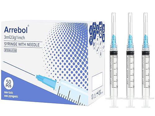 Arrebol 3ml syringe with luer lock needle,Plastic Disposable Syringe Tool for Scientific Labs,Liquids Refilling,Measuring,Individually Sealed Packaging (3ml with 23G1inch Needle 100-Pack)