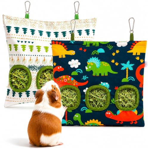 2-Pack Guinea Pig Hay Feeder,Hanging Canvas Hay Holder for Small Pet Cage | refillable closure, foldable storage, fit guinea pigs, rabbits & small herbivores