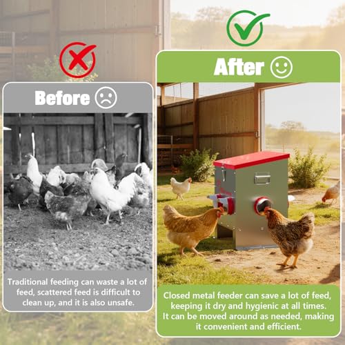 40LB Automatic Chicken Feeder, No-Waste Metal Poultry Feeder with 6 Ports, Predator-Proof Latch & Weatherproof Design, Includes Anti-Tip Ground Stakes & Vegetable Hanging Feeder - size: 40LB-6 Ports