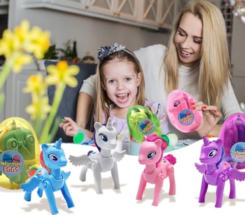 FUNKY WIZARD 4 Pack Easter Jumbo Princess Deformation Prefilled Easter Eggs with Toys, Easter Party Favors Gift for Girls Boys,Toddlers Kids, Easter Basket Stuffers Fillers, Valentines Day(Horse Egg) - style: horse egg-1