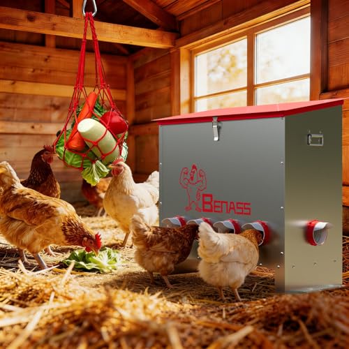 Metal Chicken Feeder, 150 LBs, 10 Ports | Automatic, No-Wase, Predator Proof Latch, Weatherproof, Anti-Tip Stakes, with Vegetable Hanging Feeder - size: 150 LB-10 Ports