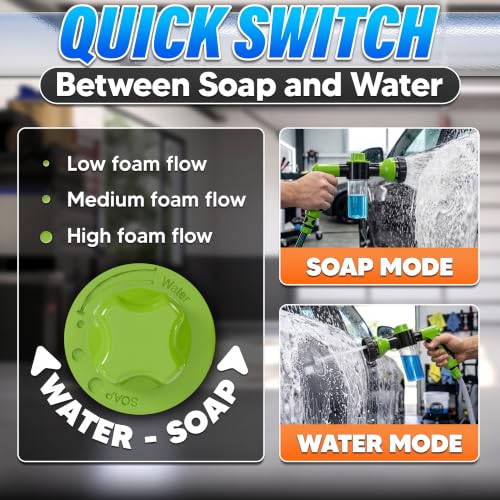 Car Wash Sprayer & Nozzle with Soap Dispenser, 3.5 oz Foam Tank (Green) | Hose Attachment for Car, Truck, and Dog Washing, Foam Control Dial, 8 Spray Patterns, Fits 3/4 In Hose, ABS Body, 2 O-Rings - color: Black, Green