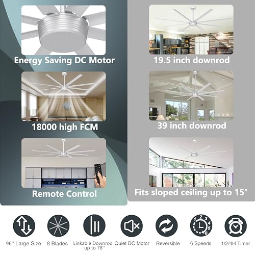 Ohniyou 96" Industrial Ceiling Fan No Light, High CFM Large Metal Fan | 8 Aluminum Blades, Remote/App Control, Quiet DC Motor for Shops, Warehouses and Gyms, Silver - color: Silver, style: No Light