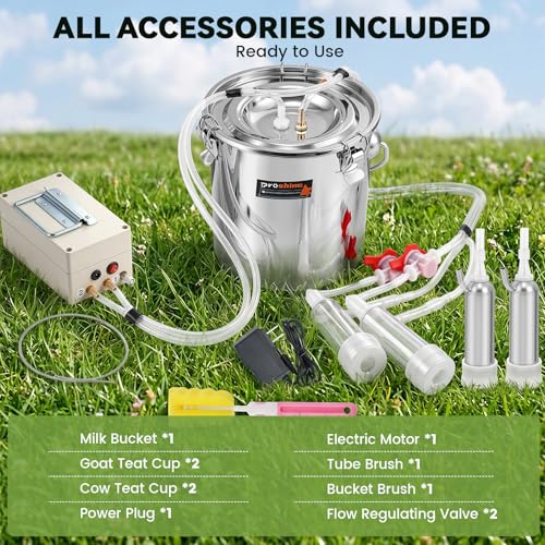 2-in-1 7L Goat Milking Machine, Electric Vacuum Pulsation Milker | Battery Powered Goat Milker with 4 Teat Cups, for Goat & Cow, Auto Stop, SUS304 Stainless Steel Bucket, Food-Grade Material