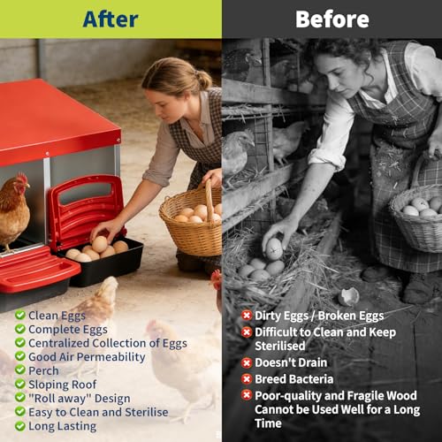 Chicken Nesting Boxes, Metal Chicken Egg Laying Box, Hen Nesting Box with Swing Perch and Rollout Egg Collection for Chicken Coop, Red, 3 Compartments - color: Red with 3 - Slot