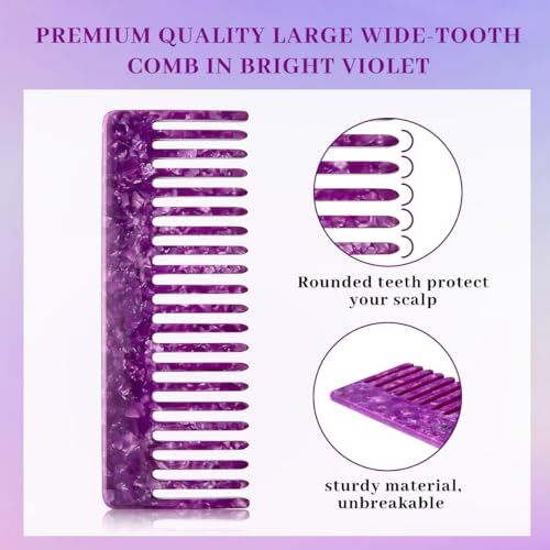 2Pcs Large Bright Violet Wide Tooth Comb for Women, Men, and Kids - Handmade, for Curly Hair. Long and Short Hair Detangler Comb for Wet and Dry Use. Professional Hair Cutting Comb - 6.29 Inches - size: 2PCS