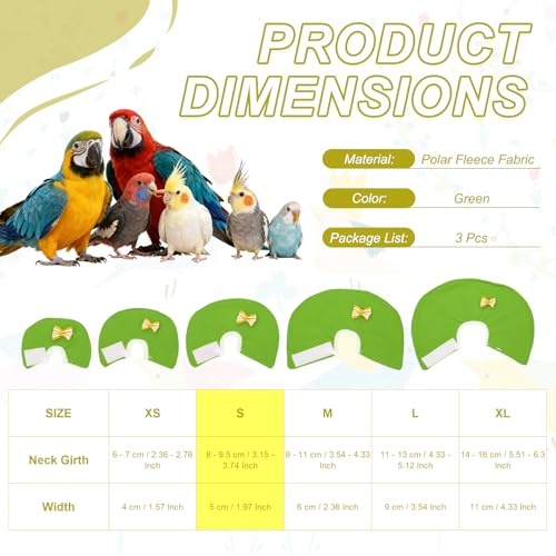Bird Collars, Bird Cone Collar Protective Recovery Cones, Soft Adjustable Anti-Bite Feather Neck Protector (Green, S, 3 Pcs), Intended for Budgie/Cockatiel/Lovebirds - color: Green, size: S