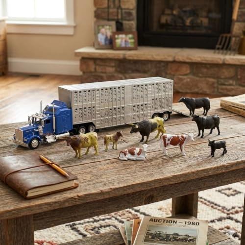 New Ray Country Life 1:43 Livestock Playset – Die-Cast Semi Truck & Trailer with 10 Cattle, Free-Wheeling Farm Vehicles, Opening Rear Door, Ages 8+, Rural Imaginative Play Set