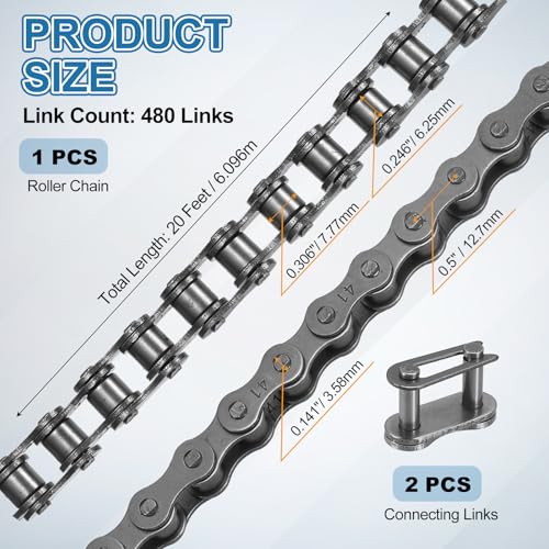 DTGN ANSI#41/ISO 085-1 Roller Chain 20Feet 12.7mm Pitch, Manganese Steel Operator Chains with 2 Connecting Links Pitch for Sliding Gate Mini Bikes Scooters Bike, 480 Links - size: 20Feet Chains with 2 Connecting Links