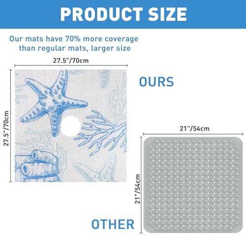 Square Shower Mat Non Slip: 27 x 27 Inch Extra Large Shower Mats with Drain Hole in Middle - PVC Loofah Anti Slip Shower Floor Matt for Inside Shower - color: Blue Starfish, size: 27" x 27" (Square)