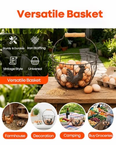 2 Pcs Metal Wire Egg Basket, Round Iron Canasta para Huevos with Wooden Handle, Sturdy Small Egg Basket for Gathering Fresh Eggs, Storing Fruit, Vegetables. Ideal for Farmhouse Kitchen Storage