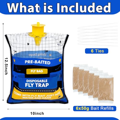6 Pack Disposable Fly Traps Outdoor, Hanging Fly Bags for Patio Farm Ranch | Fly Hunter with Bait for Flying Insects, Waterproof Fly Catcher for Chicken Coop Barn - size: 6 Packs