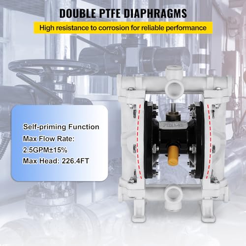 VEVOR Air-Operated Double Diaphragm Pump, 1/2 in Inlet & Outlet, Polypropylene Body, 13.2 GPM & Max 120PSI, PTFE Diaphragm Pneumatic Transfer Pump for Petroleum, Diesel, Oil & Low Viscosity Fluids - size: 2.5 GPM