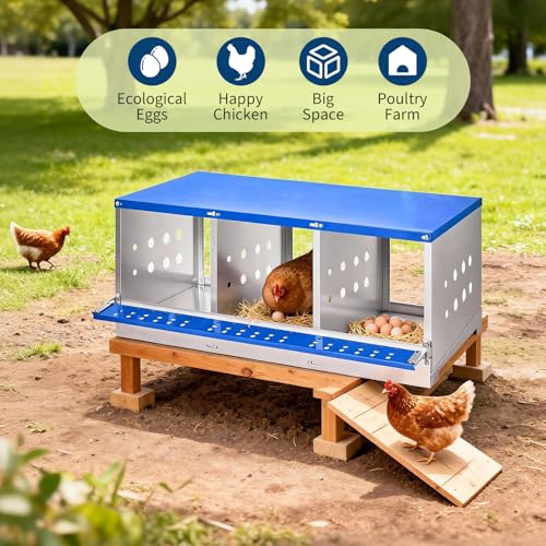37.8" Metal Chicken Nesting Box, 3-Compartment Poultry Nest Box with Perch and Ventilation Holes, Blue Roof Hen Laying Box for Up to 3 Chickens - color: Blue A, size: 37.8"L x 15.8"W x 18.9"H