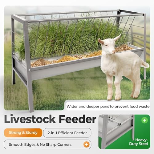 Pasture Hay Feeder 2 in 1 55 Gallon 59 in Livestock Feed Trough | Gallon Feed Pan Hay Grain Livestock Feeder for Sheep, Calf, Cow and Horse - color: Silvery