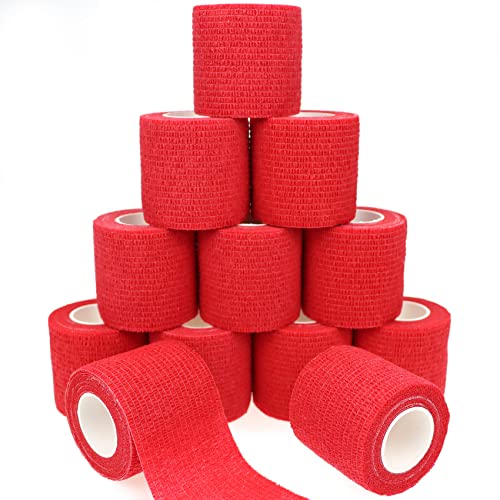 Self Adhesive Bandage Wrap Animal Cohesive Bandage Self Adherent Wrap First Aid Tape for Dogs Cats Horses Birds & Wrist Healing Ankle Sprain (2 Inch Red 12 Rolls) - color: 2 Inch Red 12 Rolls