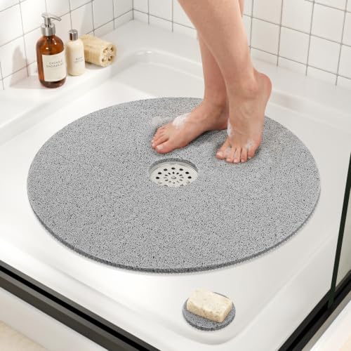 HITSLAM Non Slip Shower Mat, 24 Inch Diameter Round Shower Foot Scrubber Mat with Drain Hole in Middle, Soft PVC Loofah and Quick Drying Shower Floor Mat for Standing Shower Stall, Grey - color: Grey, size: 24" (Round)