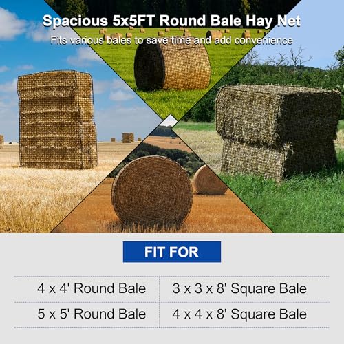 Large Round Bale Hay Net 5x5 ft for Horses, Heavy Duty Slow Feed Hay Net with Knotless Design and 1.7" Holes for Livestock Goats, Fits for Round Bales 4x4-5x5ft or Square Bales 3x3x8-4x4x8ft - style: 5*5Ft(Black)