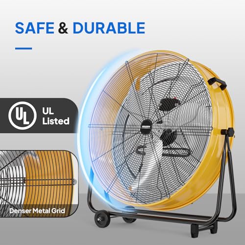 Bonnlo 30 inch Industrial Drum Fan, 13000CFM High Velocity Metal Floor Fan with Handle, 3-Speed, 360° Tilt, Heavy Duty, Air Circulator for Shop, Garage, Gym, Barn, Commercial, Yellow - size: 30'' (Yellow)