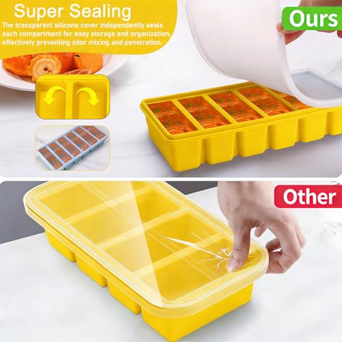 Covered Silicone Freezer Tray, 2-Piece Set Of Silicone Freezer Molds, Used For Preparing And Freezing Various Sauces And Other Dishes, Making 12 Portions Cube (Yellow) - color: Yellow
