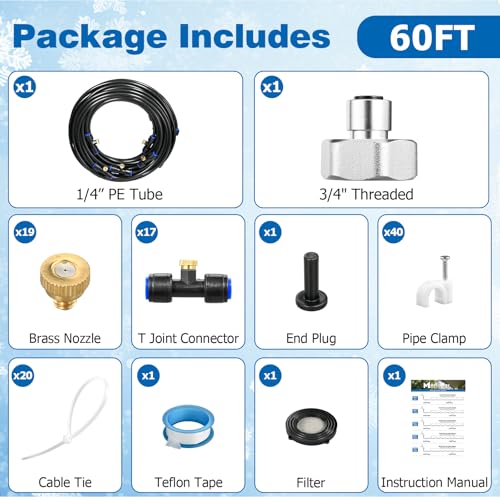 Mellbree Misters for Outside Patio 60FT/18M, Pre-Assembled Misting Cooling System with 19 Brass Nozzles & 3/4" Adapter, Outdoor Mister for Garden, Backyard, Pool, Greenhouse, Play Area, Trampoline - size: 60FT