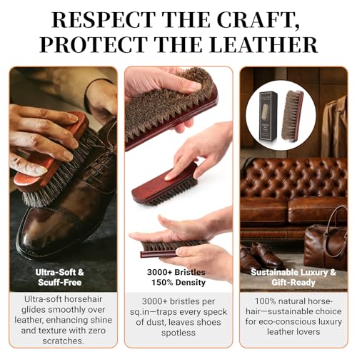 100% 7in Horsehair Shoe Brush Horse Hair Brush for Leather Boots Cleaning Polishing Buffing Shining Professional Shoe Shine Brush for Sneakers Jackets Sofas Bags Furniture Car Seats Leather Care Tool
