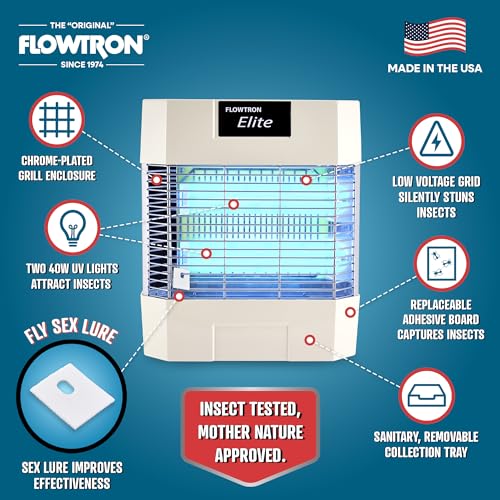 Flowtron Indoor Fly Stun Unit, 80W UV, Pheromone Lure, 1200 Sq Ft | Wall-mount fly trap for restaurants, barns, and kitchens; sticky board catches insects with no sound or smell.