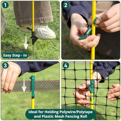 48In/4FT Fiberglass Step-in Electric Fence Posts | 5 Large Clips, Holds Wire, Poly Tape, and Poly Rope, Livestock Control | Lightweight, Anti-Rotation